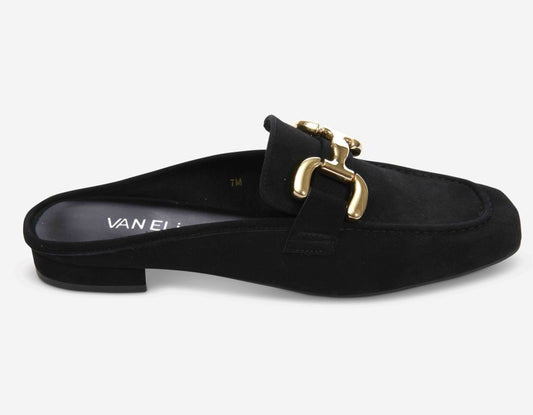 Black slip-on shoe with gold buckle detail on a white background