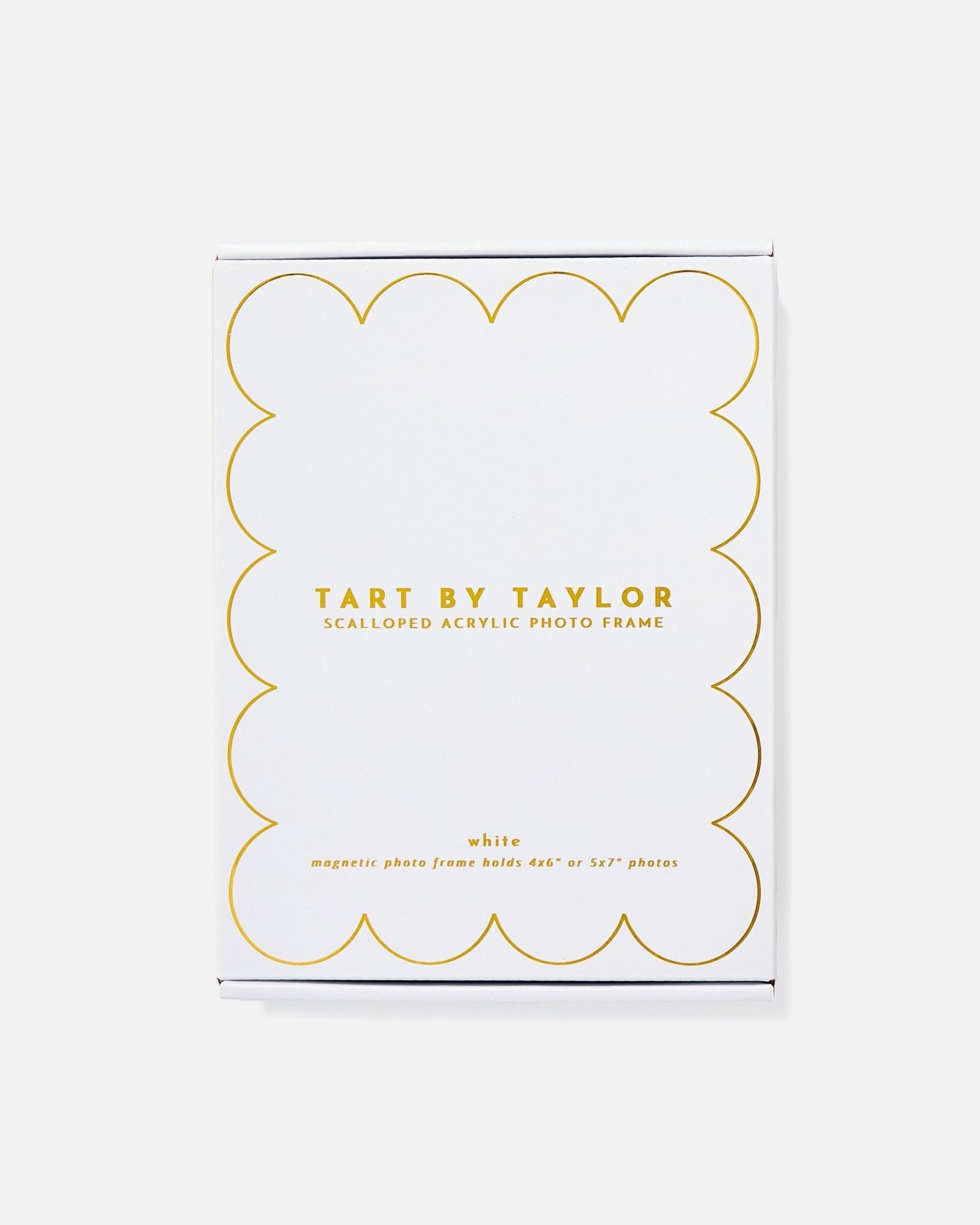 Tart by Taylor scalloped acrylic photo frame packaging on a white background