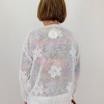 Person wearing a light-colored knit cardigan with floral patterns on a plain background