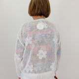 Person wearing a light-colored knit cardigan with floral patterns on a plain background