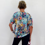Person wearing a colorful floral blouse against a white wall