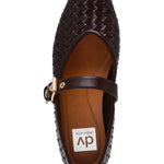 Brown woven shoe with a strap on a white background