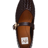 Brown woven shoe with a strap on a white background