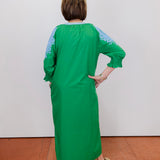 Person wearing a green dress with blue patterns on a white wall.