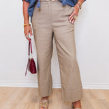 Person wearing a blue shirt, beige pants, and gold shoes with a white background