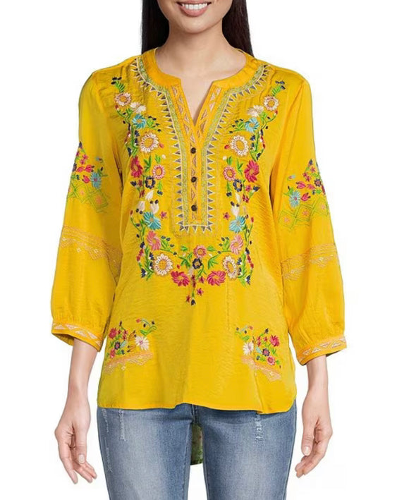 EMB. BUTTON UP 3/4 SLEEVE TUNIC W/ FLORAL PRINTED BACK